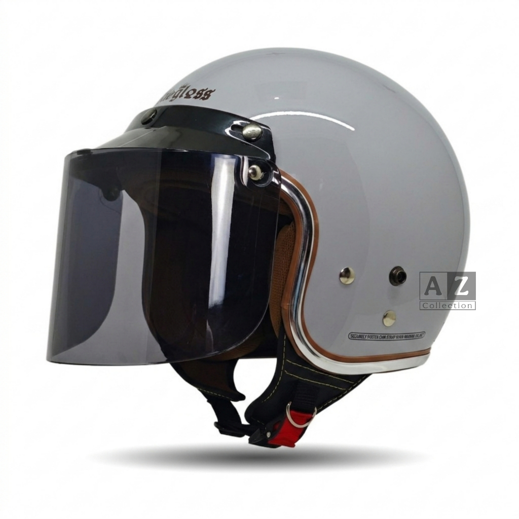 Helm Bogo Retro Klasik Semen Abu Muda Set Kaca Flat Smoke | Helm Vespa Scoopy Fazzio Half Face Grey 
