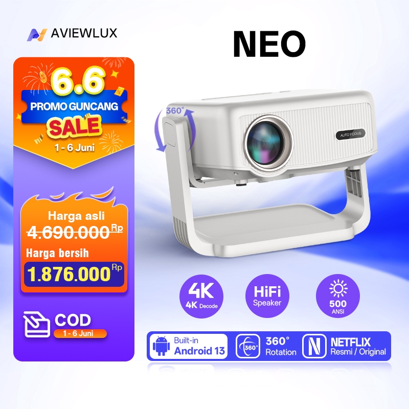 AVIEWLUX NEO Smart Proyektor LCD - Netflix Resmi Certified - 1080P Full HD - Android TV 13 - 500 ANS