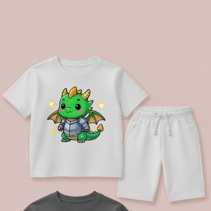 MockItLo Setelan Anak Kaos dan Celana Pendek Motif Naga Ksatria Putih