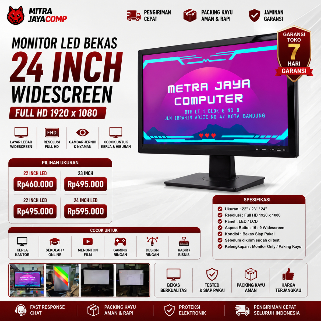 Monitor LED Bekas 24 Inch Widescreen Full HD Monitor Komputer murah bekas portrait