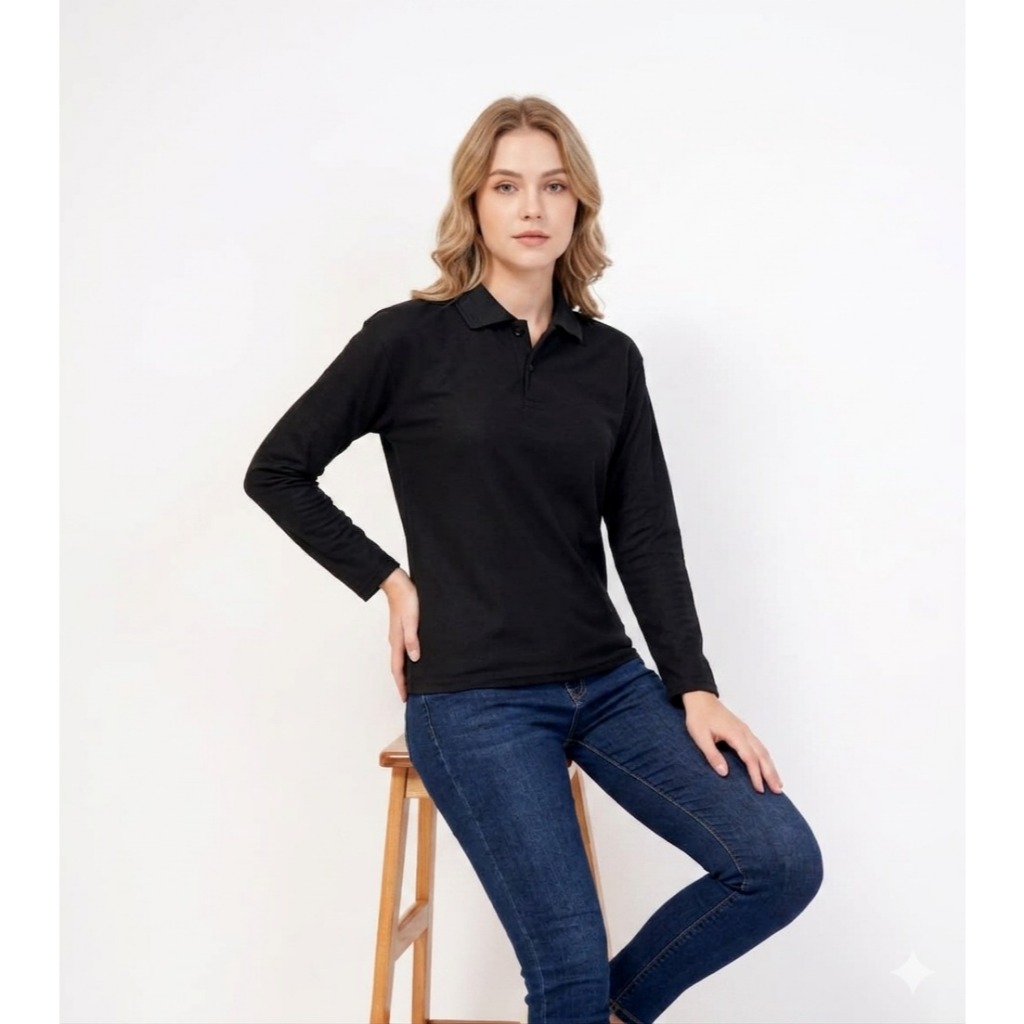 Kaos Kerah perempuan Lengan panjang HITAM / polo panjang wanita / polo hijab / KAOS KERAH CEWEK LENG