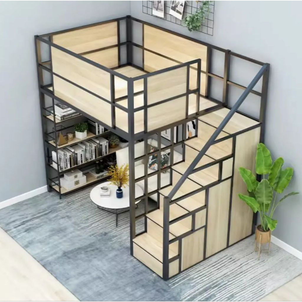 ranjang besi loft bed dengan model estetik industrial minimalis