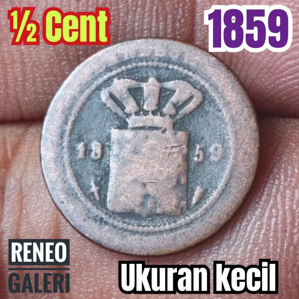 Koin kecil ½ Cent tahun 1859 asli korosi Nederlandsch Indie 0,5 1/2 setengah uang kuno sen duit lama