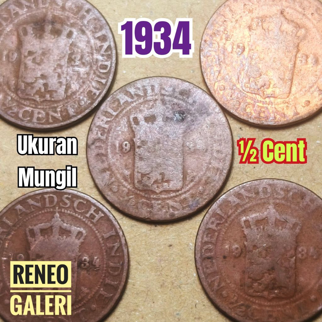 Koin kecil ½ Cent tahun 1934 asli korosi Nederlandsch indie uang kuno 1/2 0,5 sen zaman Hindia Belan