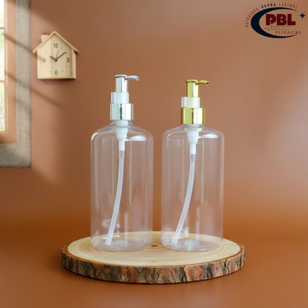 Botol Pump HS 500ml Natural - Tutup Pump Cli Oil Alumunium Neck 24 Varian Warna /  Botol Plastik Pet