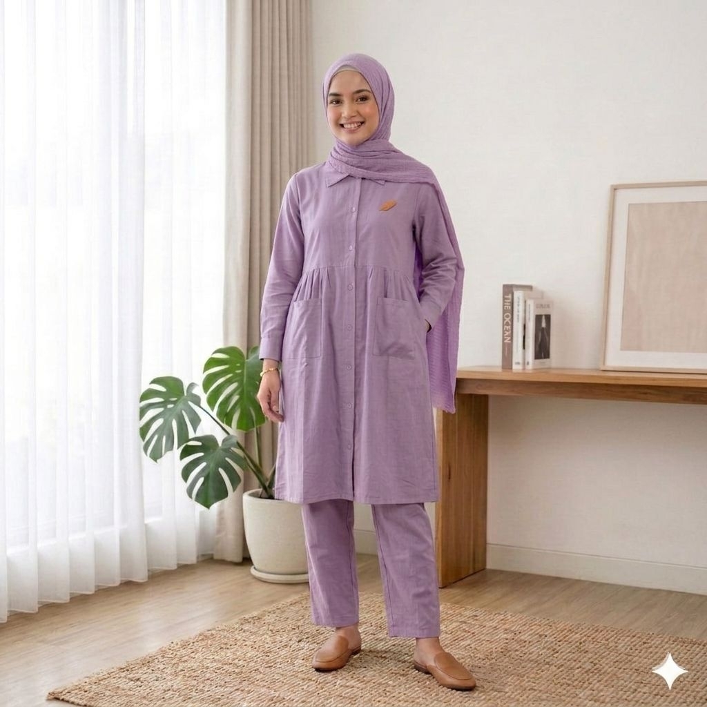 Zalifa One set long tunik polos full kancing friendly busui bahan rayon twill//setelan celana wanita