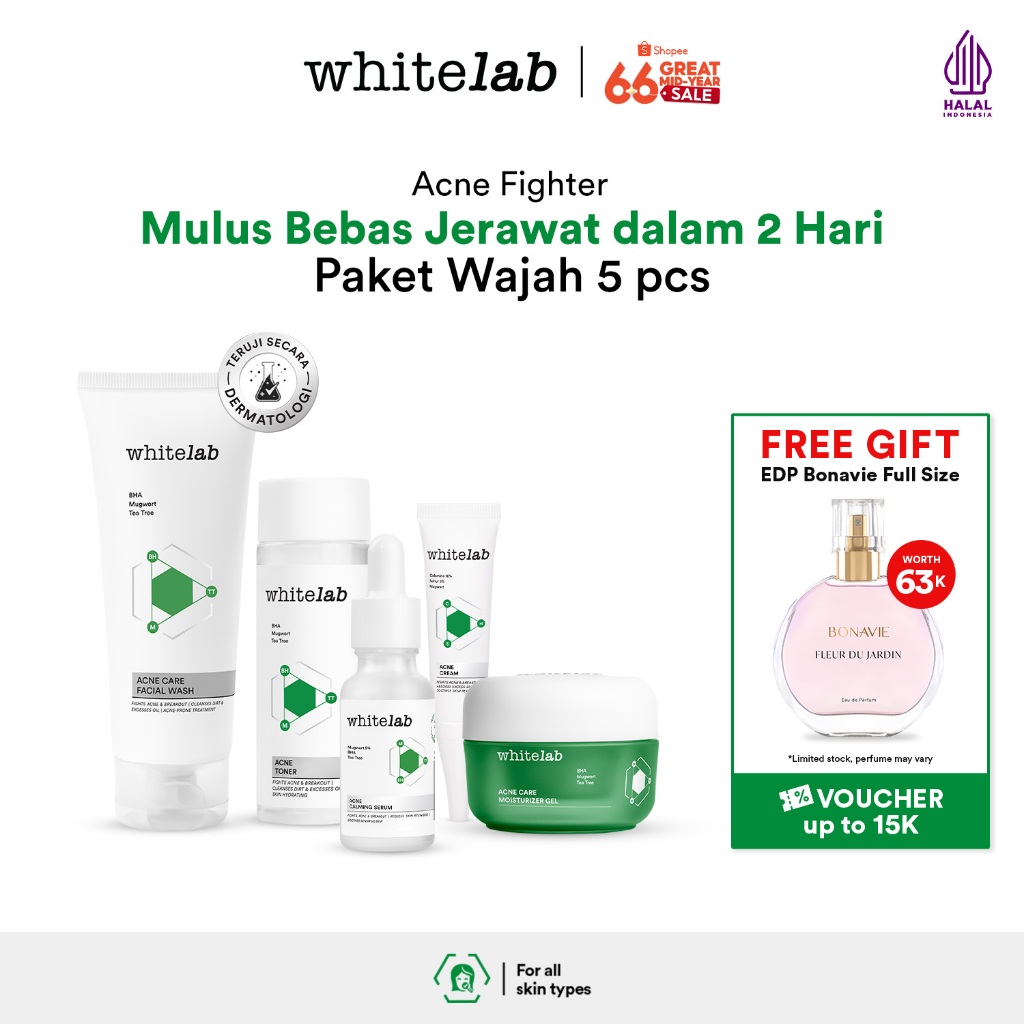 Whitelab 5 pcs Paket Acne Lengkap - Facial Wash, Toner, Serum, Moisturizer, Acne Cream Paket Skincar