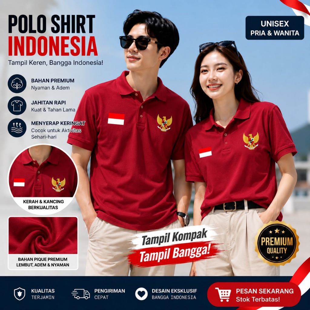Baju Kaos Polo Kerah Motif Logo Garuda Bendera INDONESIA Pria Dan Wanita Lengan Pendek Bahan Lembut