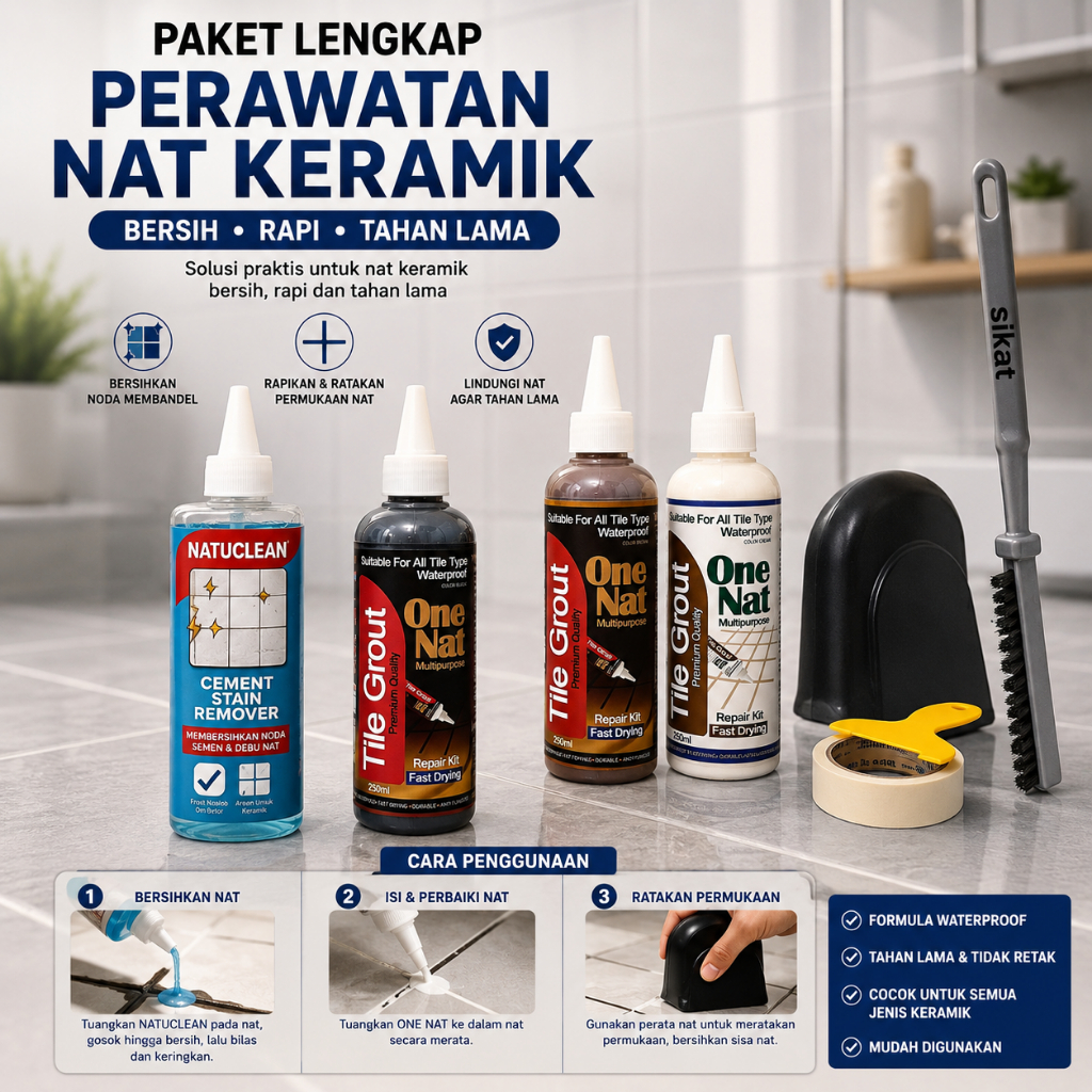 Paket Hemat Nat Keramik Instan Onenat + Pembersih Semen Natuclean + Perata Nat Silikon