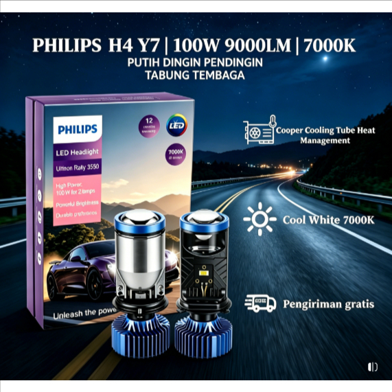 Philips H4 Y7 LED Mobil Motor 100W 9000LM 7000K Garansi 12 Bulan