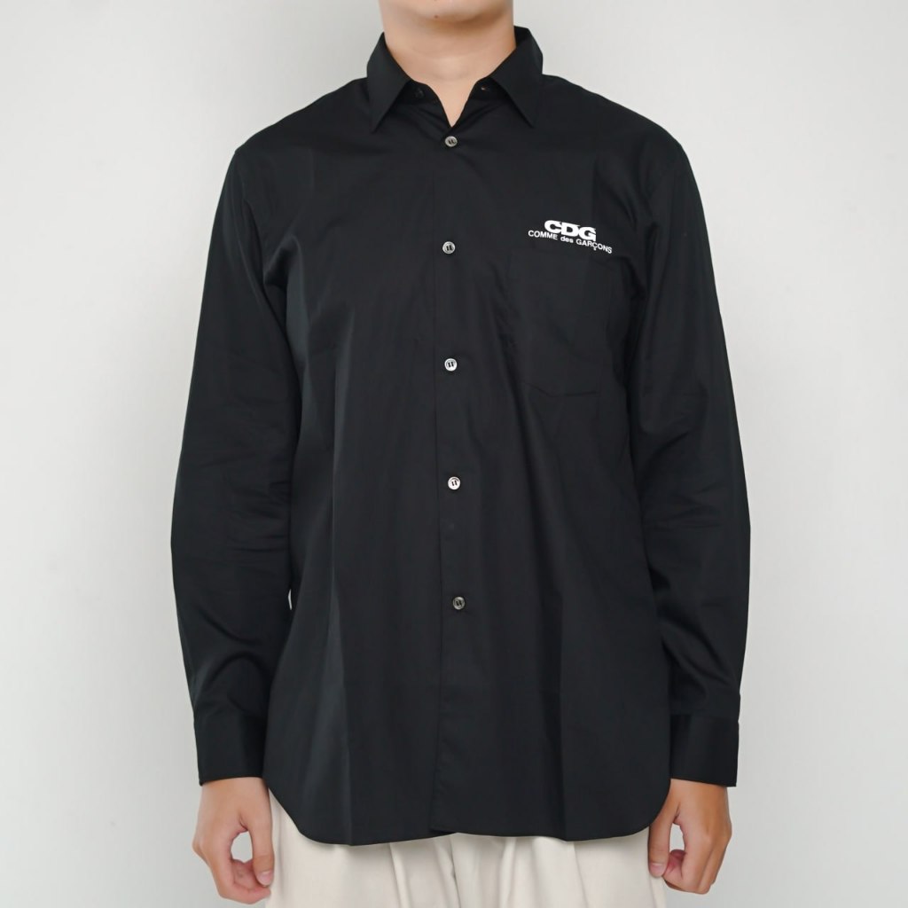 Kemeja CDG PLAY TEXT POCKET WHITE BLACK LONG SHIRT 100% ORIGINAL