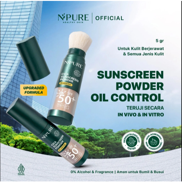 NPURE Sunscreen Cica Sunscreen Powder SPF 50+ PA++++ / Sunscreen Bedak & Brush / Sunscreen Bedak