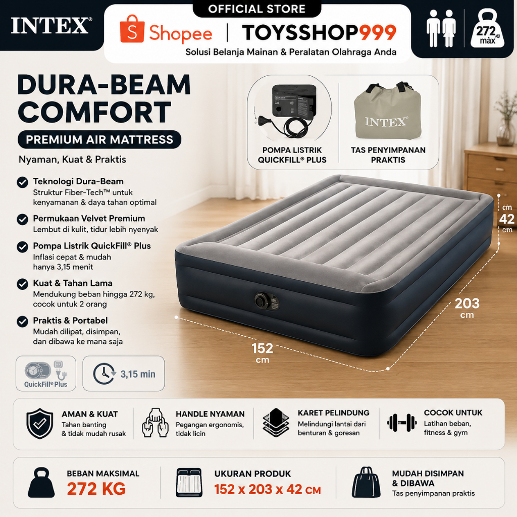 Kasur Angin Intex Queen 203cm x 152cm x 42cm Durabeam Deluxe 64136 + pompa + tas kasur angin jumbo