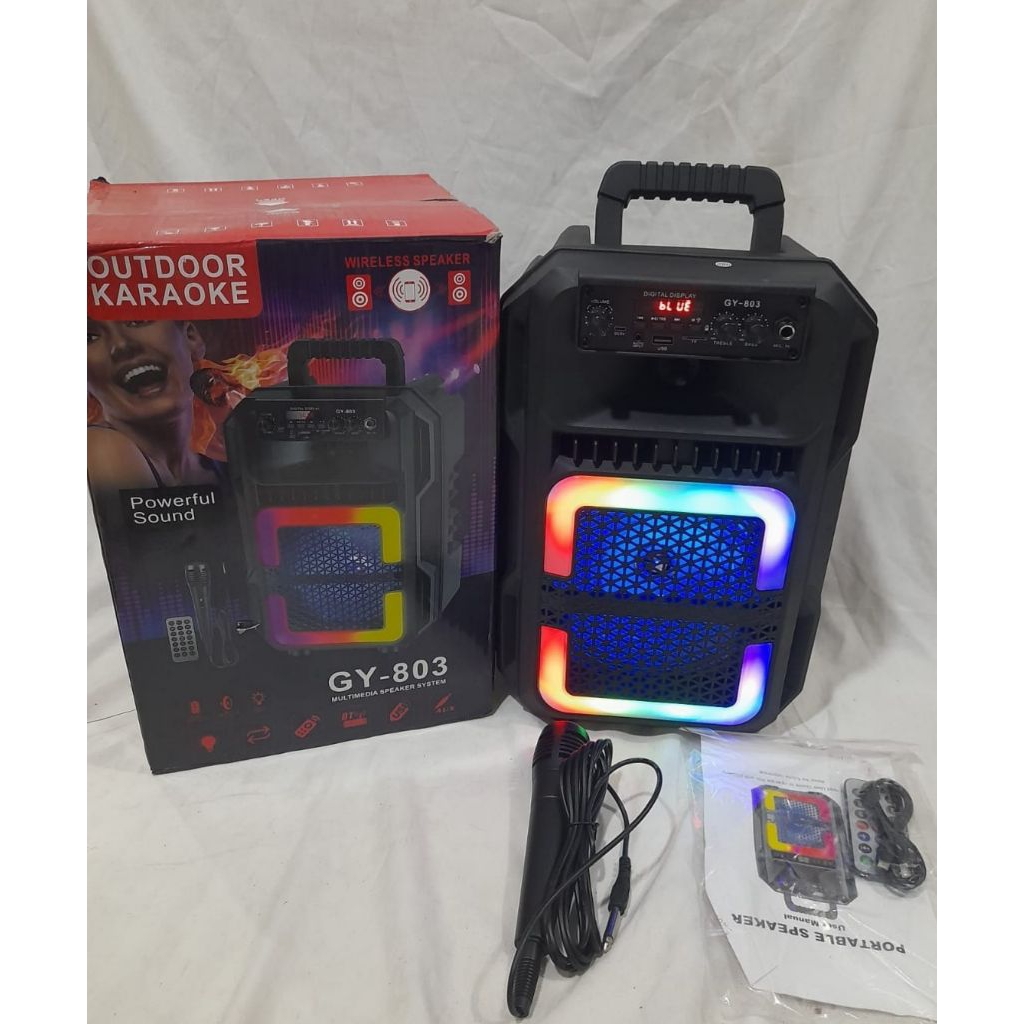 super bass gy 803 speaker portabel bluetooth Bonus mic kabel tersambung 
Ukuran 8 inchi
22 x 18 x 38