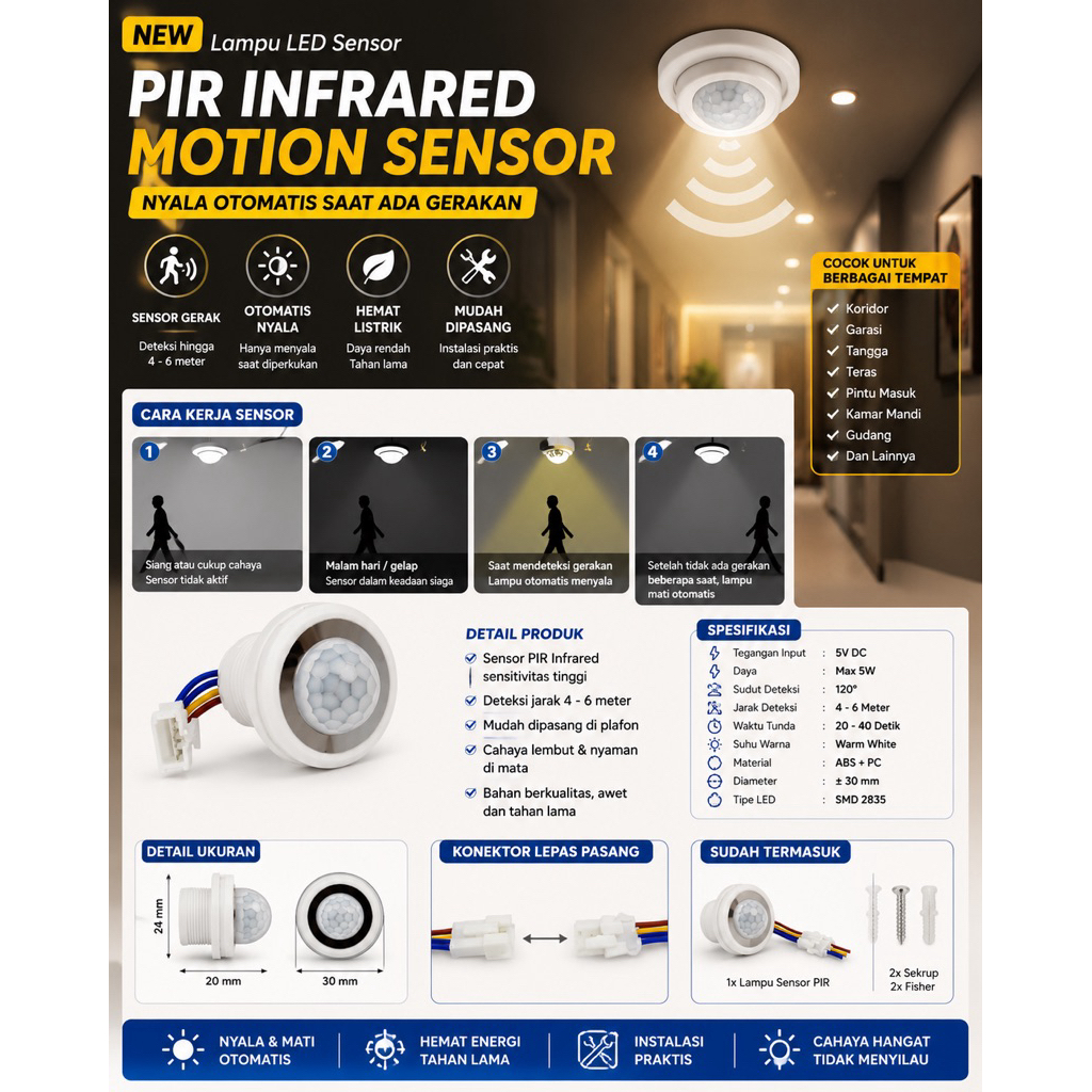 Sensor Lampu LED PIR Infrared Motion Sensor Adjustable 220V Otomatis Deteksi Gerak AB1