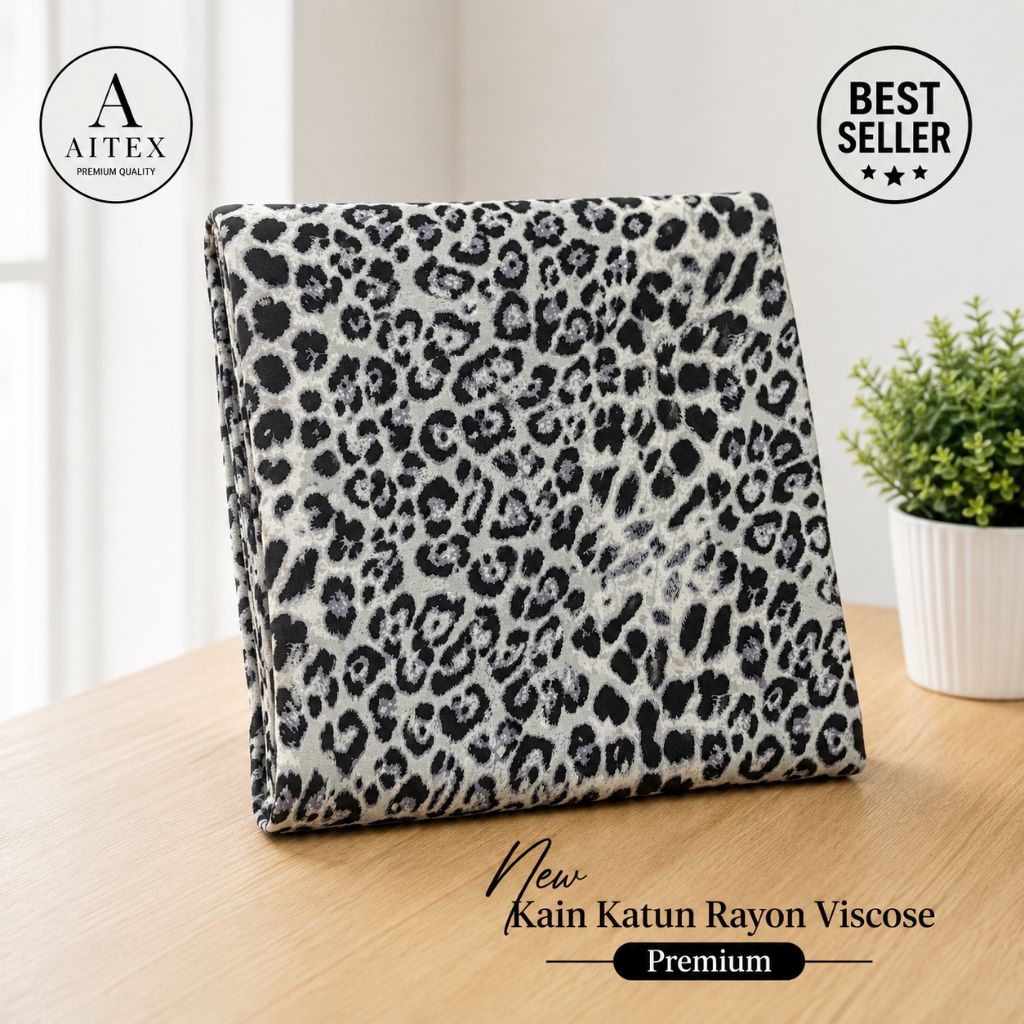 New ( Harga / 0,5 M ) Kain Katun Rayon Viscose Premium - Kain Motif Leopard Monokrom Premium Hitam P