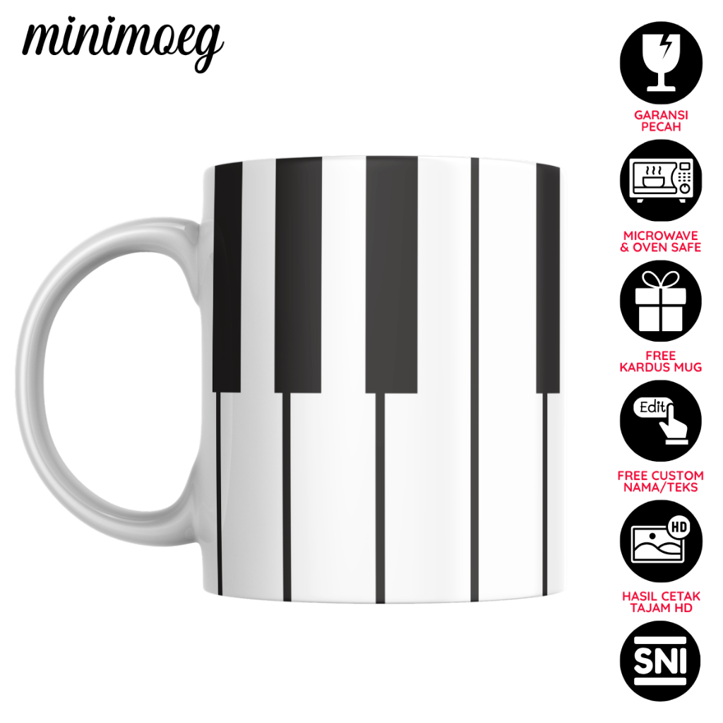 Mug Custom Motif Piano Gelas Kopi Teh Cangkir Lucu Gambar Piano Hitam Putih Monokrom Musik Gelas Aes
