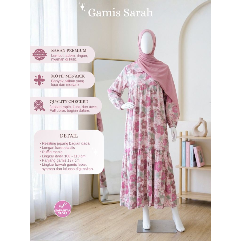 Gamis Sarah | gamis katun rayon premium | gamis katun rayon viscose | gamis motif | gamis premium | 