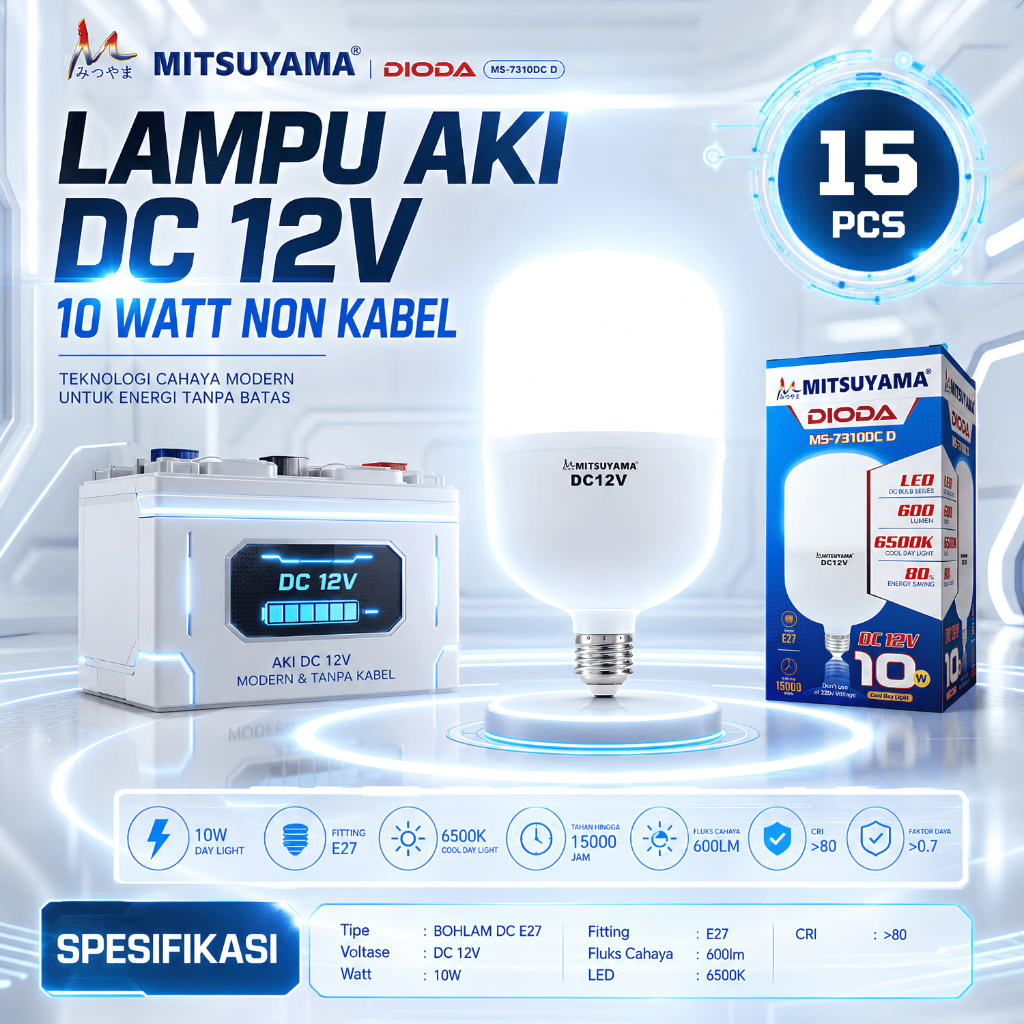 Paket Lampu Bohlam LED DC 12v 10 Watt 15 Pcs Mitsuyama Dioda Lampu Aki/Solar Panel LED 10 Watt E27