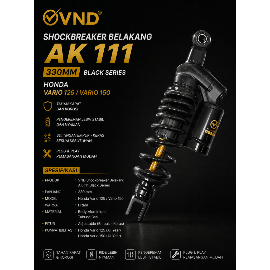 VND Shockbreaker Belakang AK 111 330mm Honda Vario 125/ Vario 150