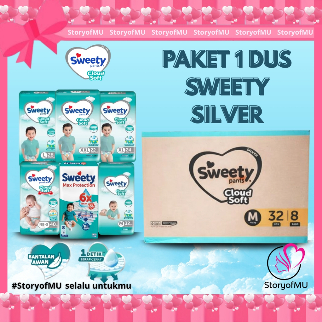 StoryofMU [1 KARTON] SWEETY Silver Pants Cloud Soft 1 Dus - Popok Bayi | Diapers Baby 8 Ball