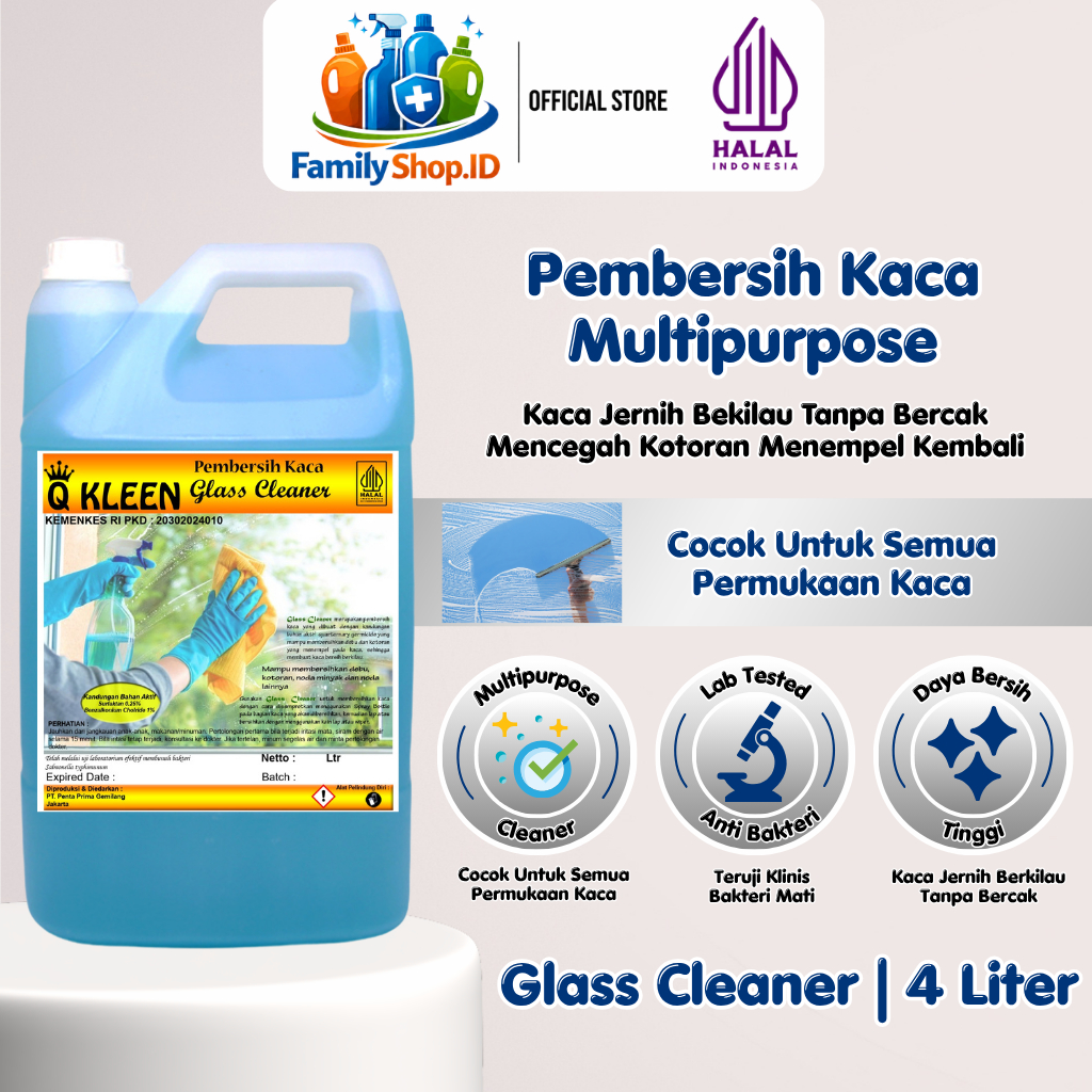 Q KLEEN Pembersih Kaca Glass Cleaner 4L Anti Redeposisi Mencegah Kotoran Menempel Kembali