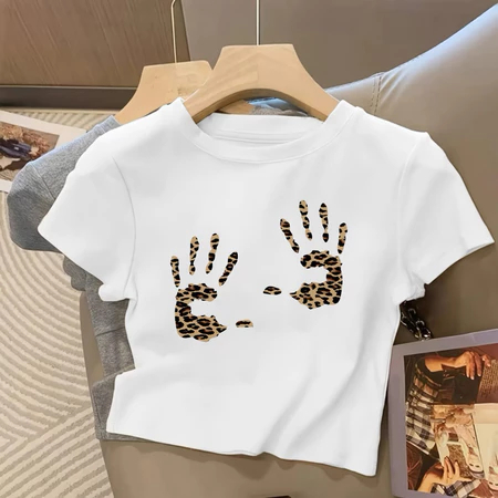 CROP TOP RIB TANGAN LEOPARD/KAOS WANITA CROP TOP