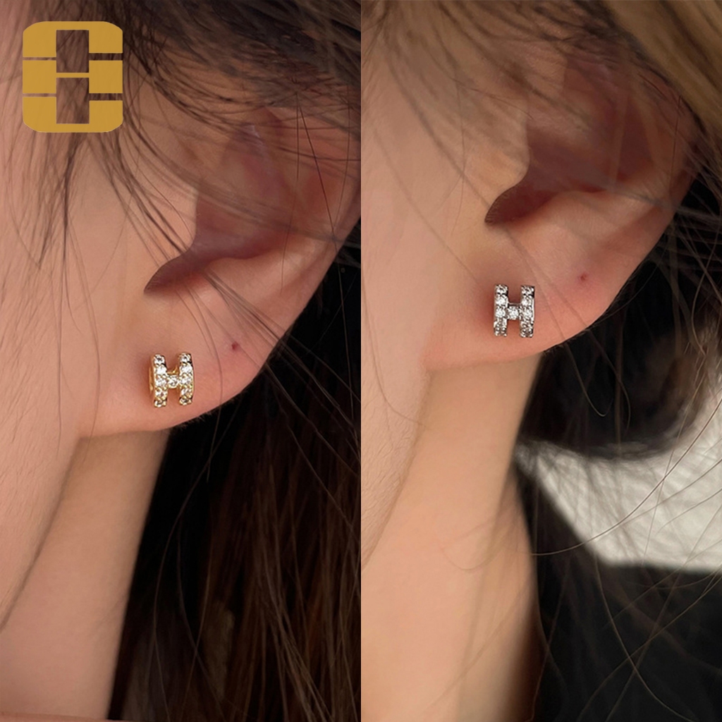 HUICUI Sederhana Zirkon Anting Premium Wanita Model Anting Tusuk Huruf H Emas Perak Elegant Anting-a