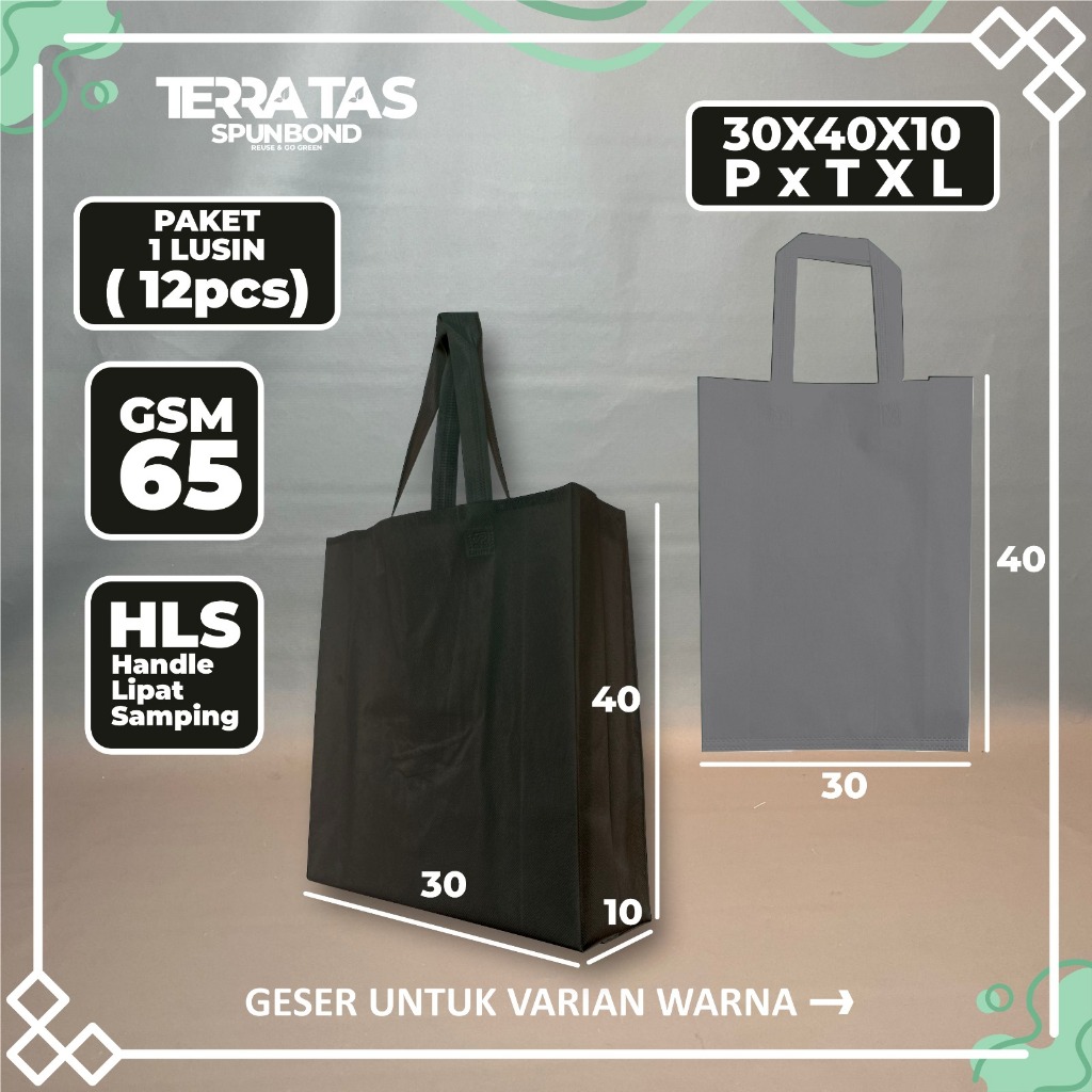 Paket 1 Lusin 12pcs 65 GSM HLS 30x40x10 Tas Kantong Belanja Tote Bag Kain Spunbond Tebal Murah Souve