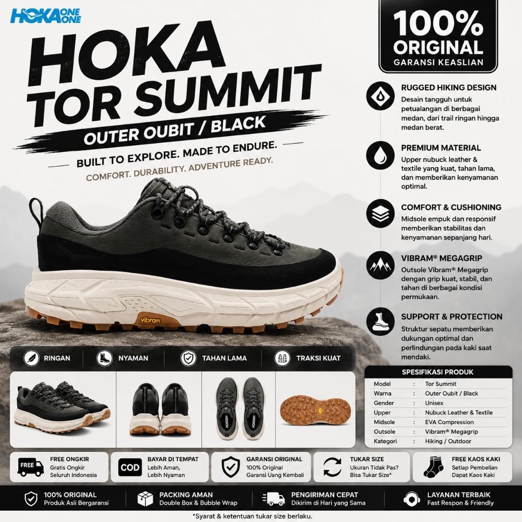 Sepatu Hoka Hiking Tor Summit Outer Oubit Black Unisex | Sepatu Gunung Outdoor Trekking Vibram Sole 
