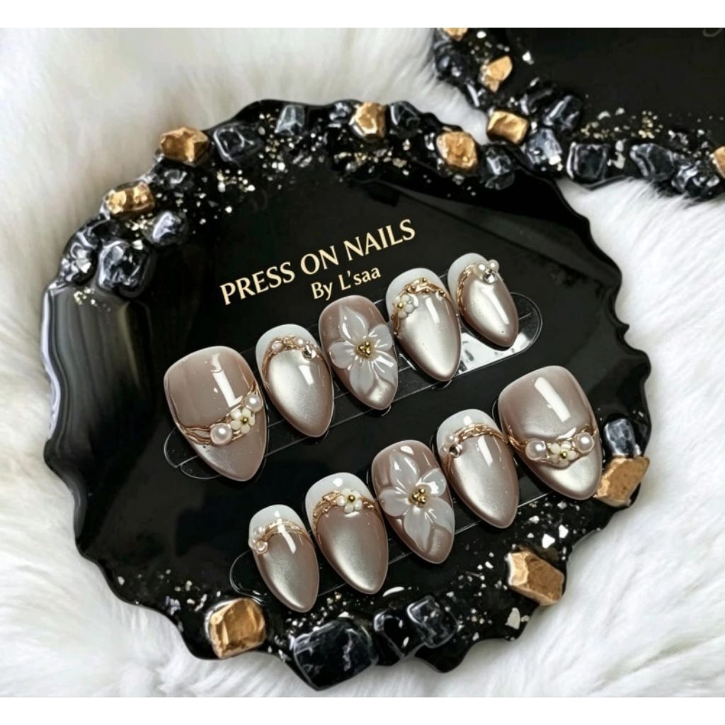 PRESS ON NAILS Cat eye abu abu monyet motif 3d flower