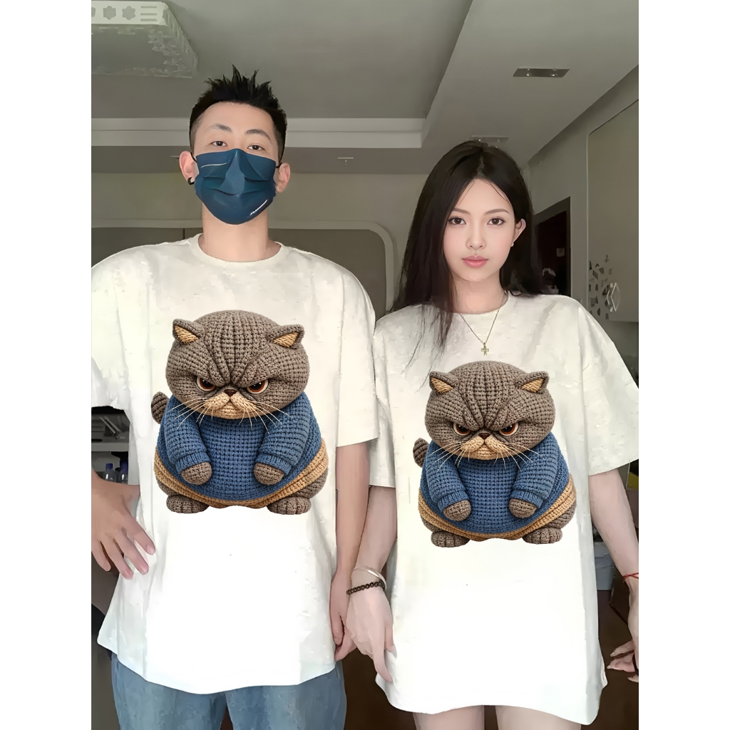 [COD] Kucing Gemuk Bordir Pasangan Atasan longgar kaos pria wanita atasan Lengan Pendek T-shirt over