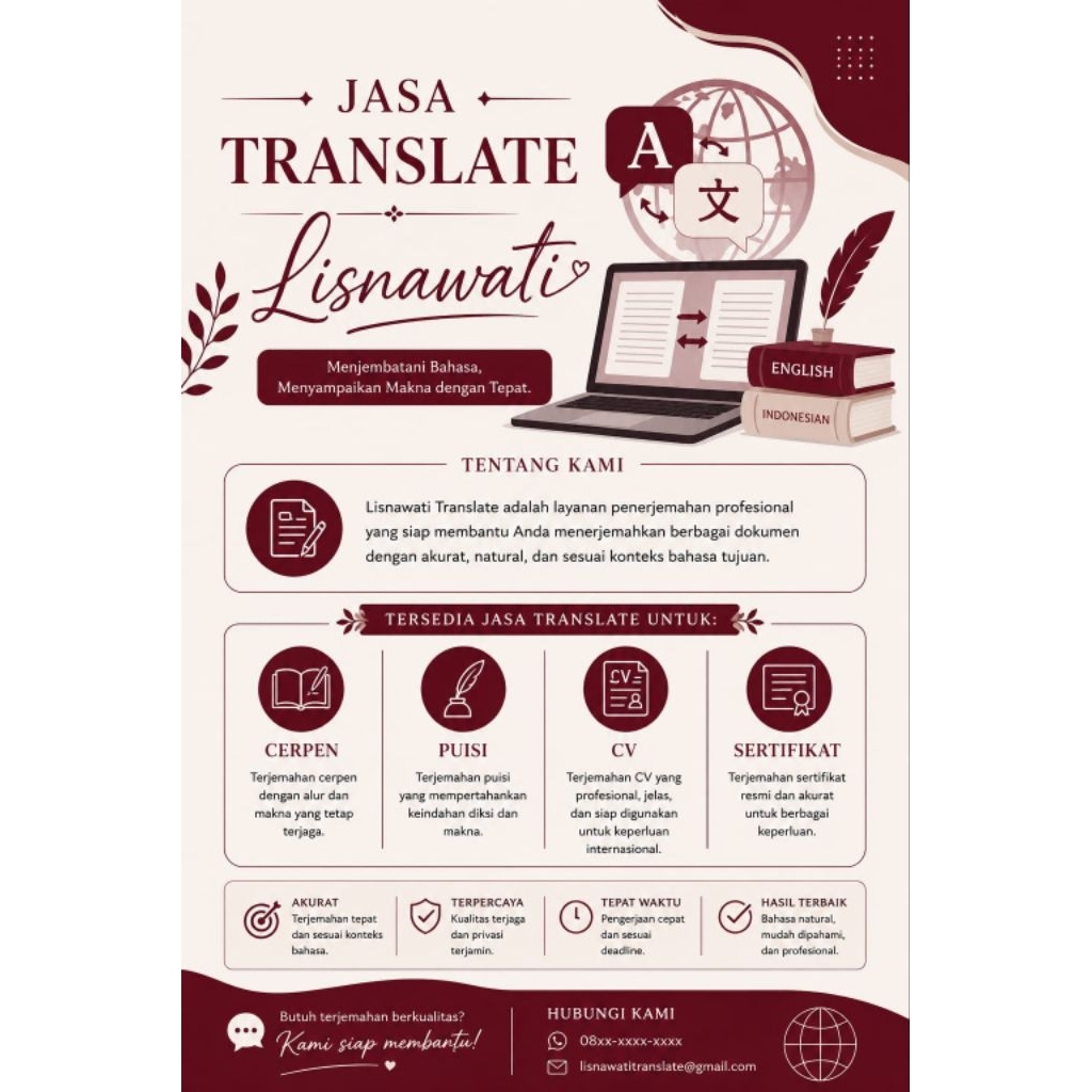 JASA TRANSLATE INDONESIA - INGGRIS | TERJEMAHAN AKURAT & PROFESIONAL | CV, SERTIFIKAT, CERPEN, PUISI