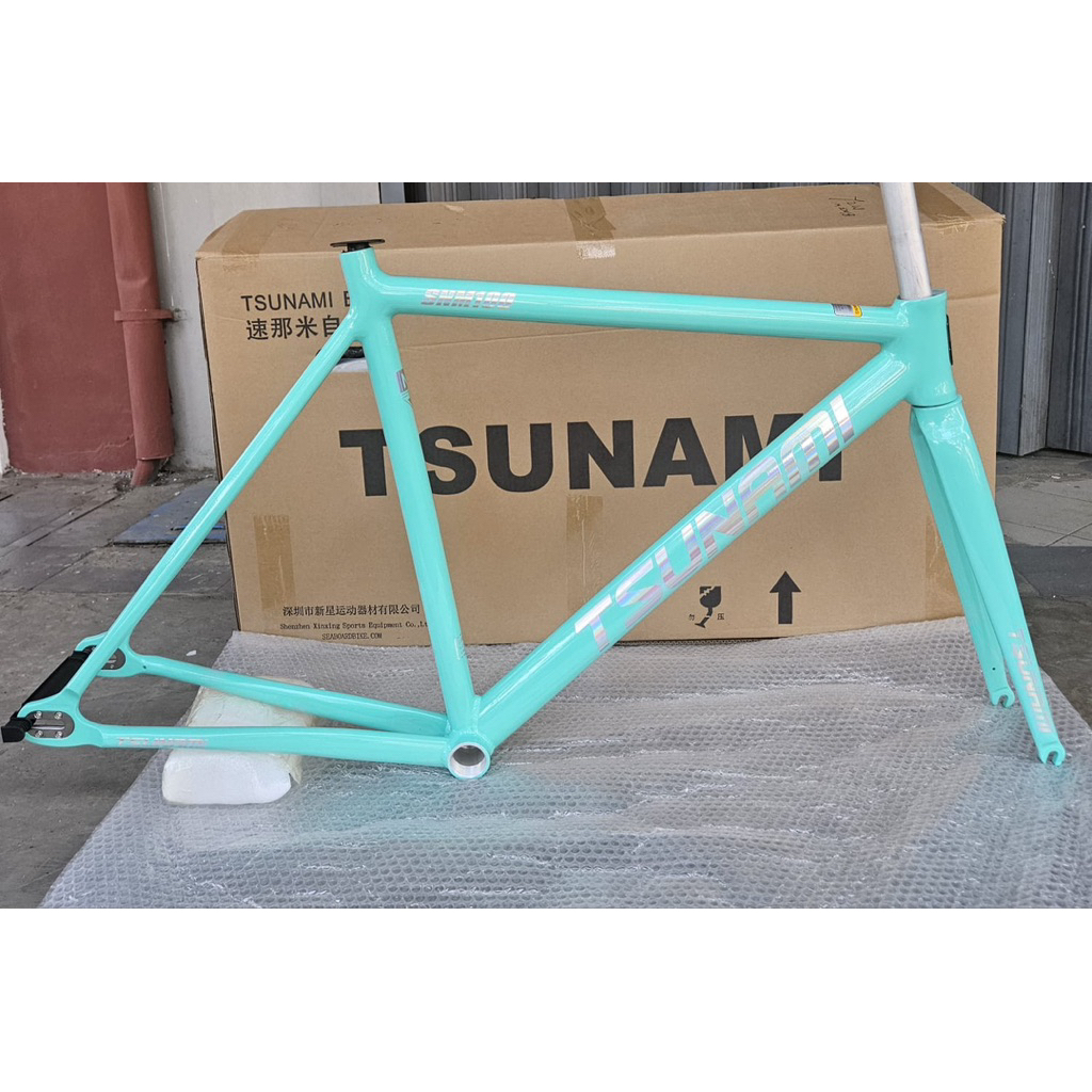 Frameset Sepeda Fixie TSUNAMI SNM100 Warna Bianchi - Hologram Label Bahan Aluminum Alloy