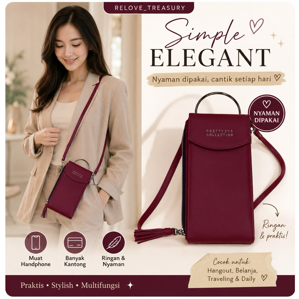 Prettyzys Collection Tas Selempang HP Wanita Kulit Dompet Kartu & Uang Simple Elegant Praktis Hangou