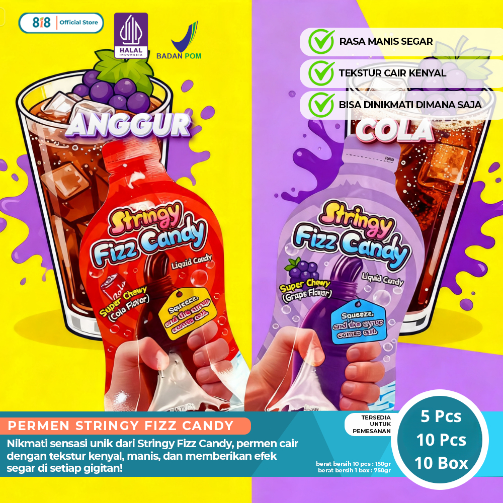 Stringy Fizz Candy - Permen Serat Elastis Sensasi Nikmati Ledakan Rasa Buah Segar & Fizzy Pop, Varia