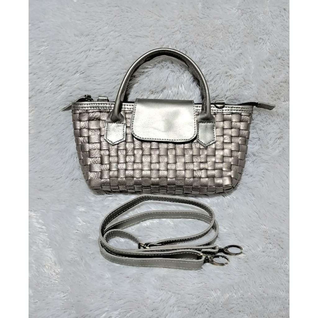 Tas anyam kulit asli/kulas, tas pesta silver