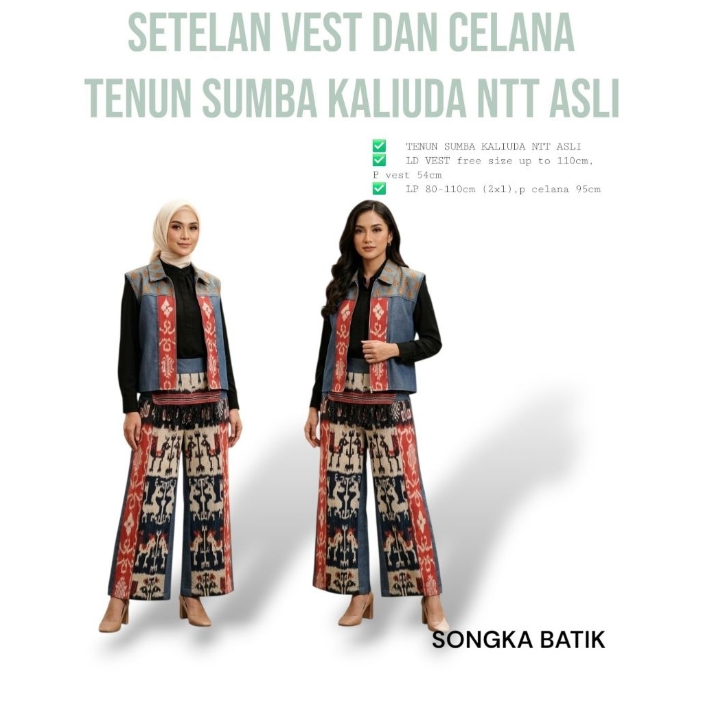 SETELAN WANITA ETNIK VEST DAN CELANA TENUN SUMBA KALIUDA NTT ASLI