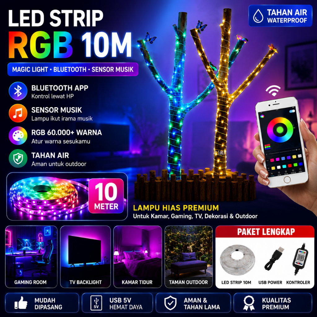 Lampu LED Strip RGB 10M Bluetooth Sensor Musik Waterproof Lampu Hias Kamar Gaming TV Backlight