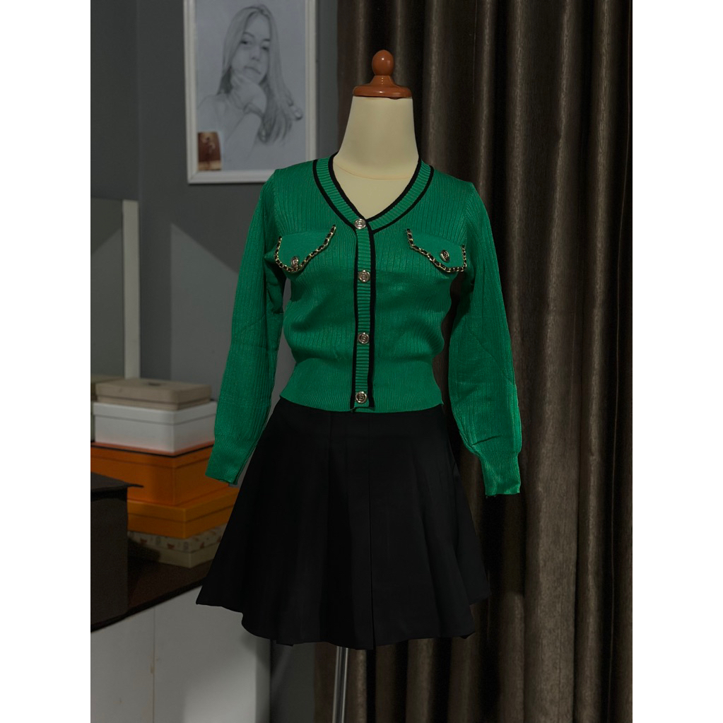 [READY STOCK] Setelan Cardigan Rajut Premium Emerald Green & Rok Mini Black Pleated / Knit Set Korea