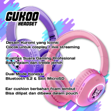 Gukoo Headset Gaming Lucu Kuromi Baterai 40 jam Nyaman Seharian