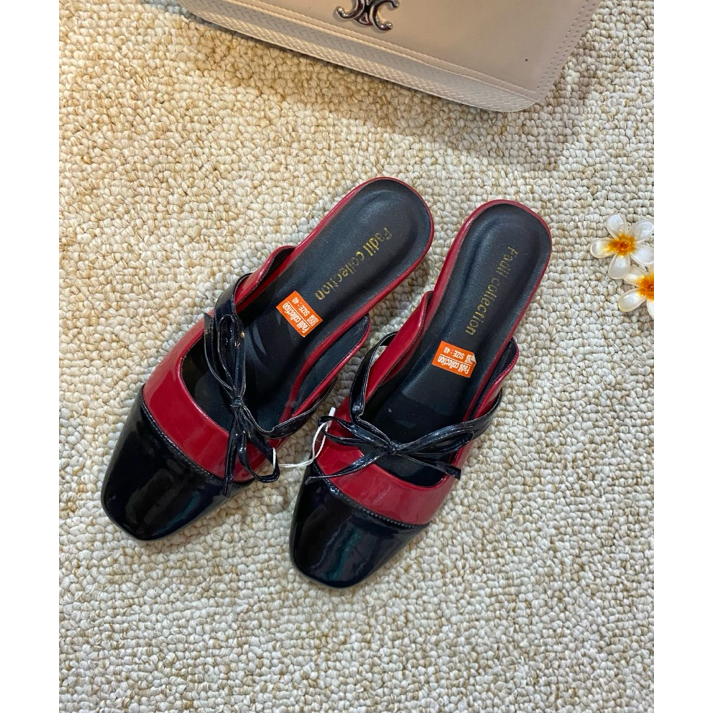Sandal Heels Wanita Pita Korea Merah Hitam Elegan Sandal Mules Wanita Flat Fashion Kekinian Premium