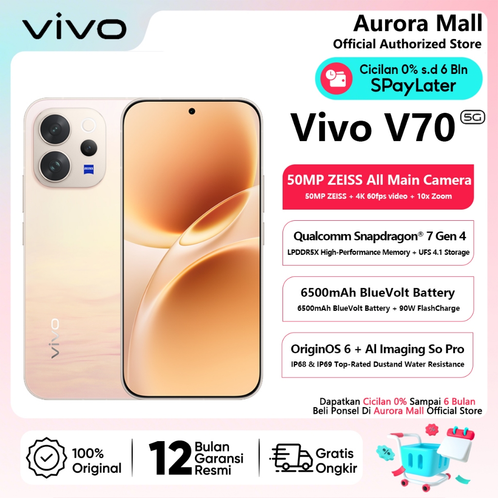 Hp Vivo V70 5G 12/256GB RAM 12GB+12GB Extended ROM 256GB Garansi Resmi Android Handphone Terbaru COD