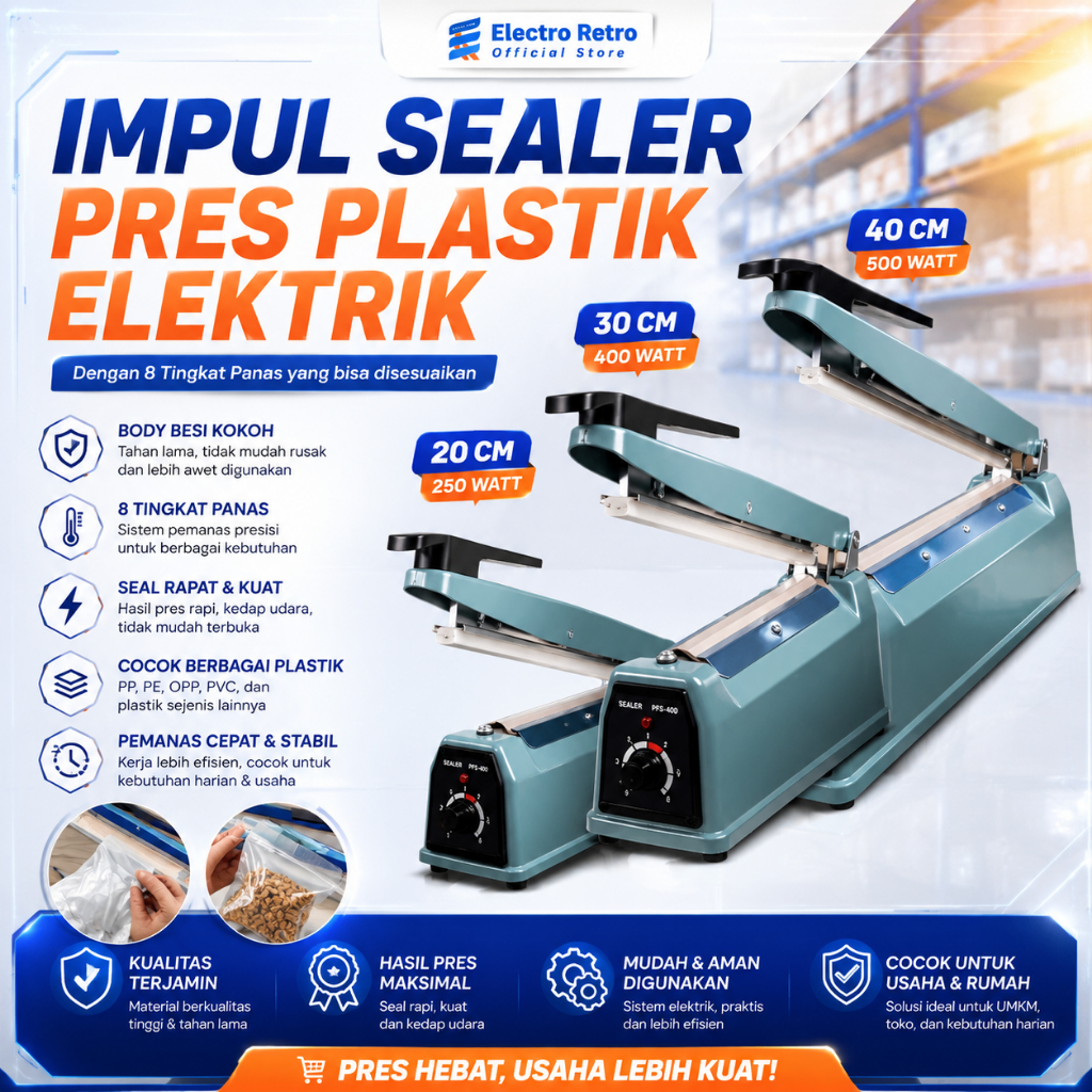 Alat Pres Plastik Makanan 20Cm/30Cm/40Cm Body Besi Mesin Pres Perekat Plastik Makanan Impulse Sealer