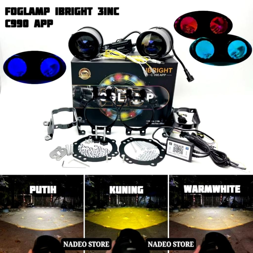 IBRIGHT - Sepasang Foglamp 3 inch Honda Toyota Blue Lens C990 Bonus Bracket Foglamp Universal