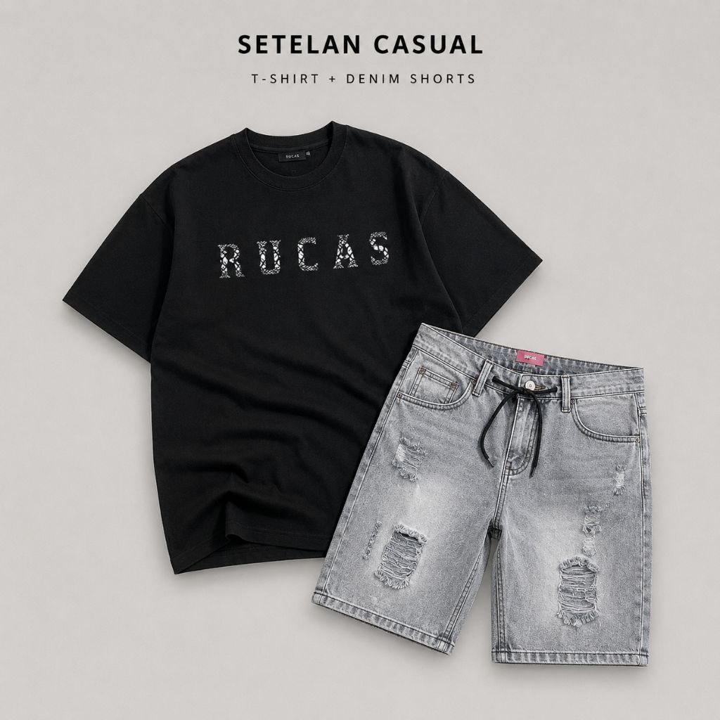 Setelan Casual Rucas dan celana jeans sobek pendek dewasa