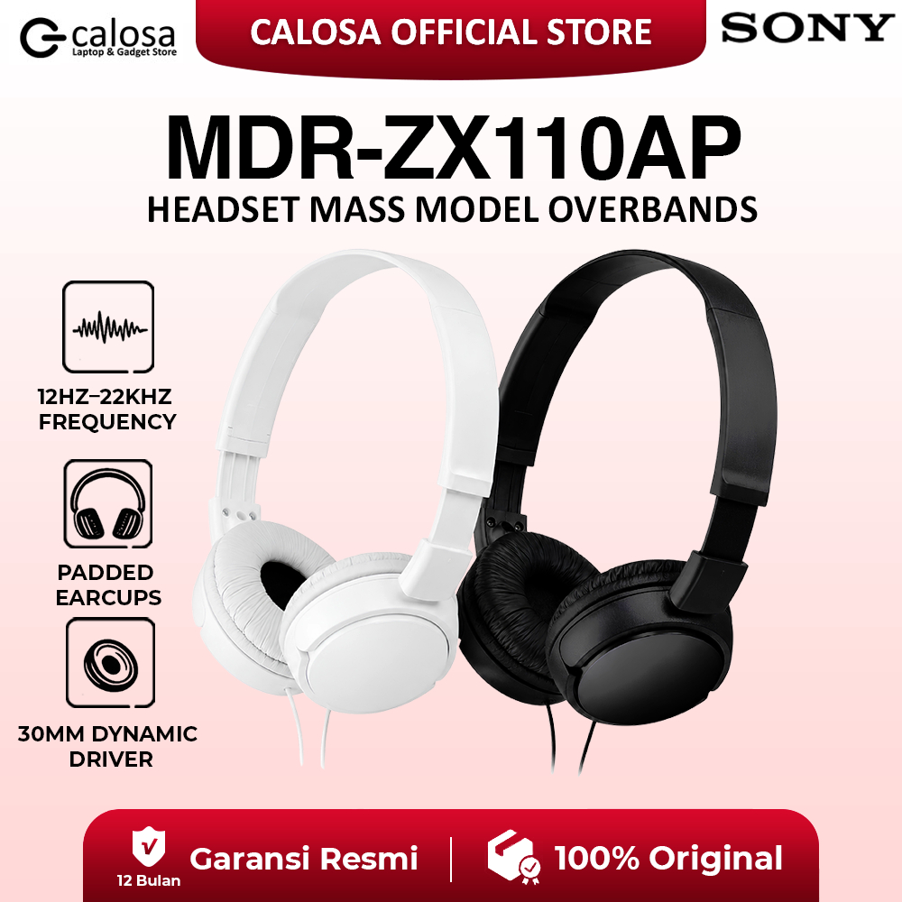 SONY MDR-ZX110AP Headset Wired Stereo Headphone with Mic Original Sony Resmi, Suara Bass Jernih, Des