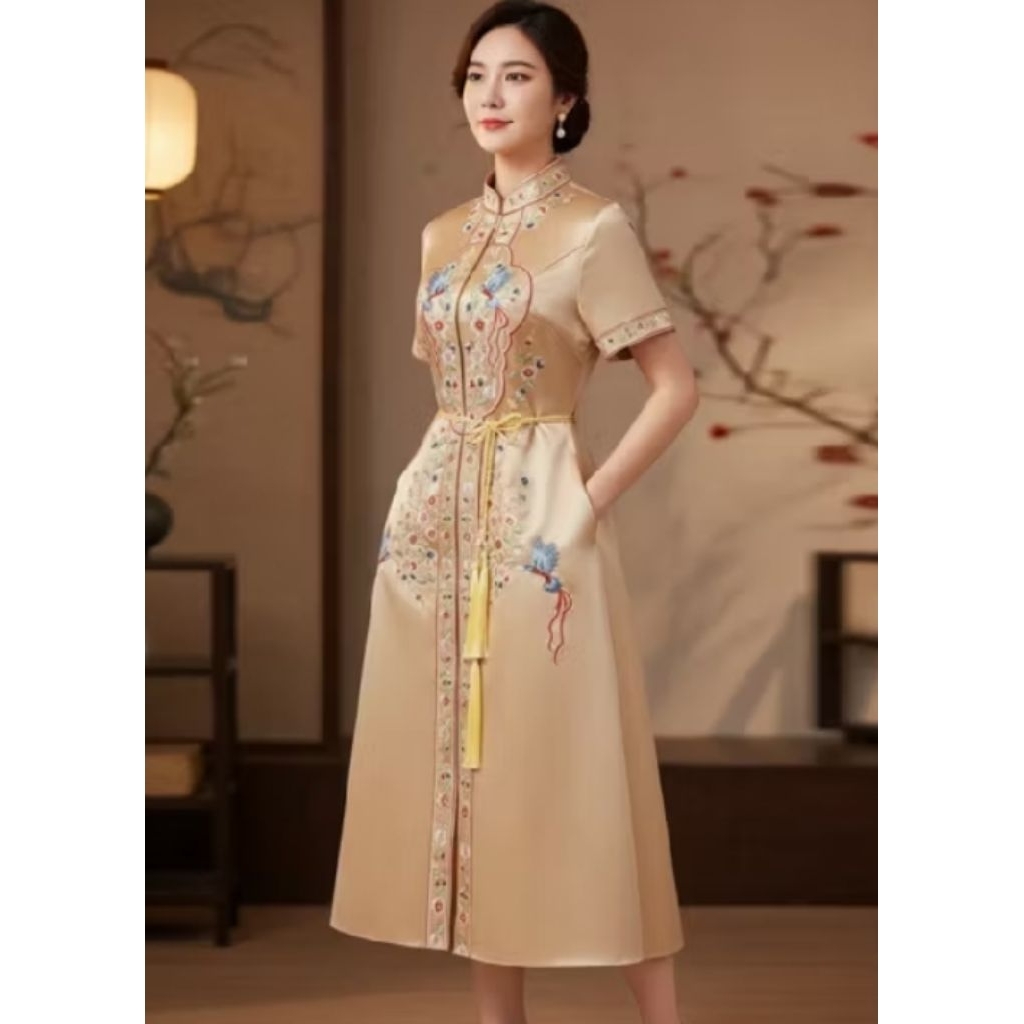 Gaun Gold midi dress sangjit pesta imlek party kondangan