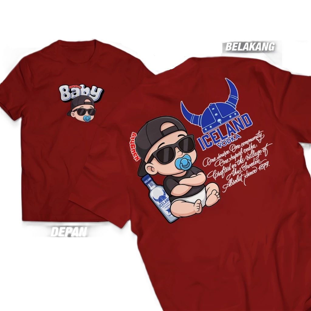 Kaos dewasa BABY ICELAND VODKA Kaos Distro BABY ICELAND VODKA Unisex Cotton Combed Pria dan Wanita