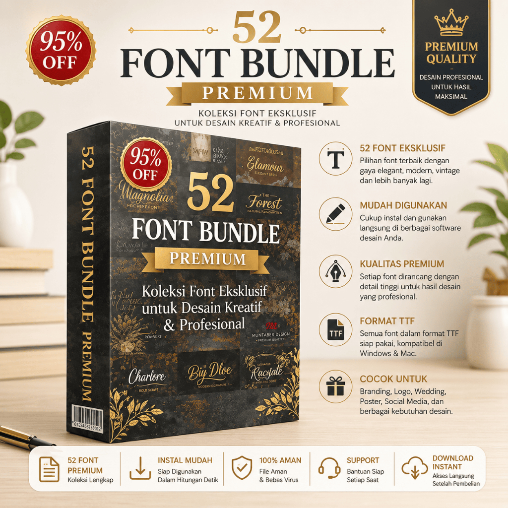 52 Font Bundle Premium - Koleksi Font Eksklusif untuk Desain Kreatif & Profesional